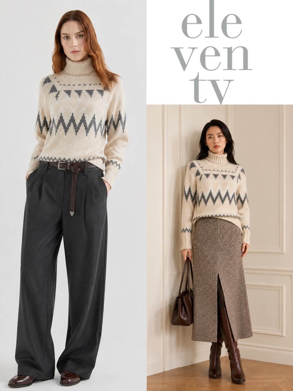Eleventy Jacquard Alpaca Wool Turtleneck Sweater | Made in Italy | Size Large |
